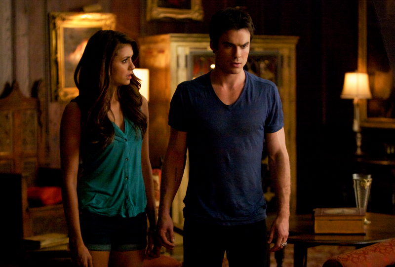 The Vampire Diaries -- “Handle with Care” --Pictured (L-R): Nina Dobrev as Elena and Ian Somerhalder as Damon -- Photo: Annette Brown/The CW -- © 2013 The CW Network, LLC. All rights reserved