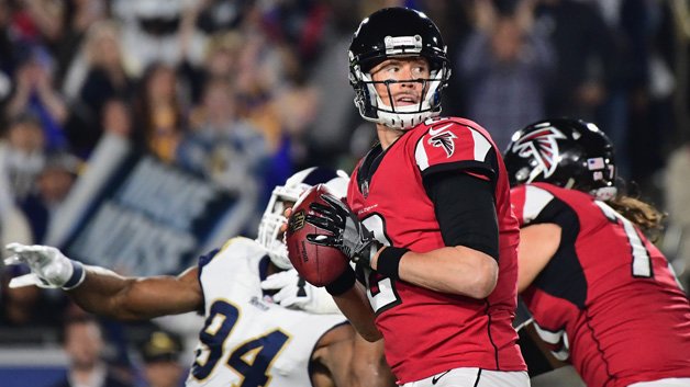 Quarterback Matt Ryan #2 of the Atlanta Falcons prepares to pass in the pocket during the first quarter of the NFC Wild Card Playoff game against the Los Angeles Rams at Los Angeles Coliseum on January 6, 2018 in Los Angeles, California.